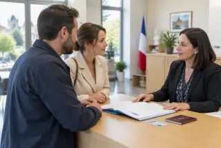 Un proche échange avec un agent d’état civil au comptoir d’une mairie de l’Oise, avec des documents administratifs posés sur le bureau.