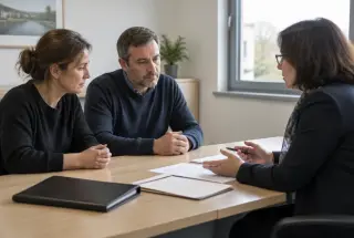 Deux proches rencontrent une professionnelle de l’hôpital pour organiser les démarches après un décès.